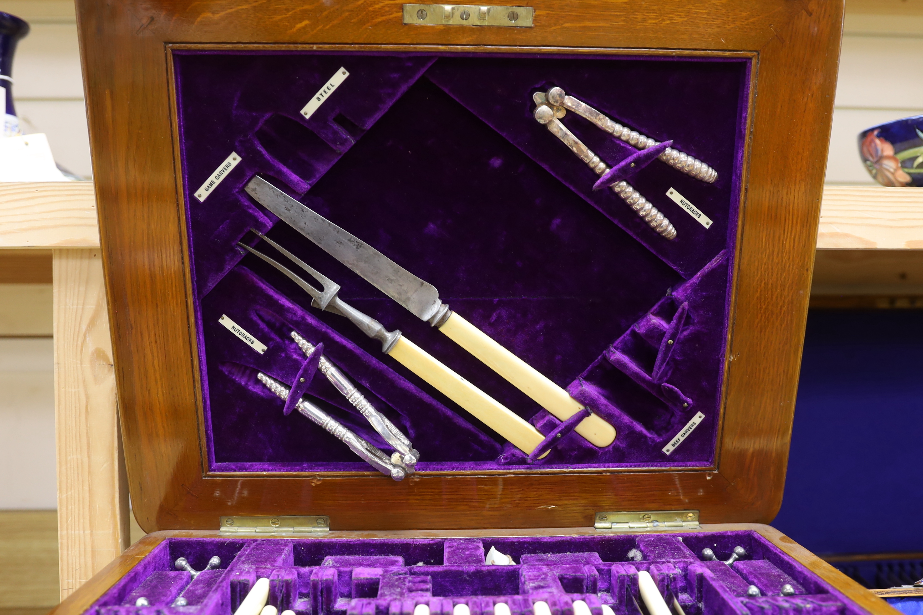 Two oak cased canteens of Old English pattern plated flatware and smaller boxes of cutlery